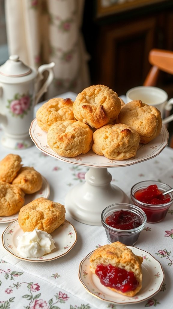 A plate of freshly baked scones with jam and cream, perfect for afternoon tea.