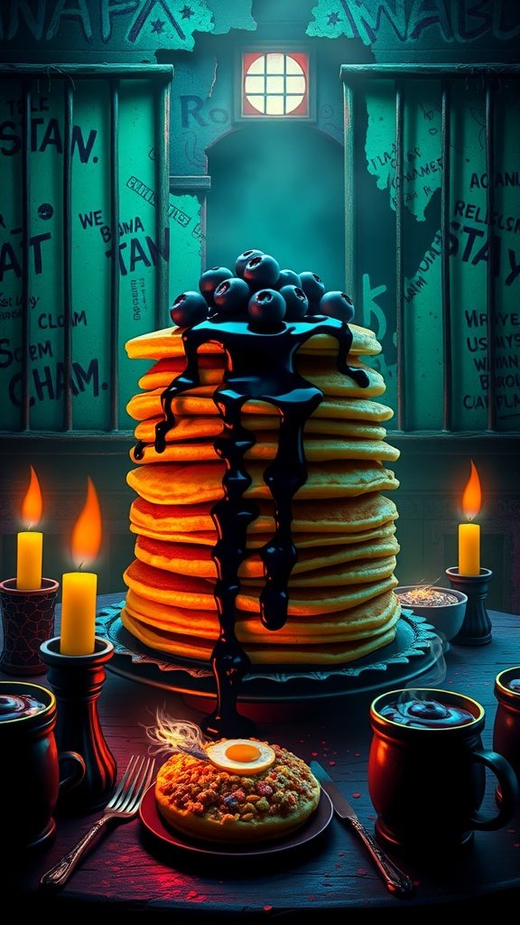 A towering stack of pancakes with dark syrup, surrounded by candles and a plate featuring a unique pancake with an egg.