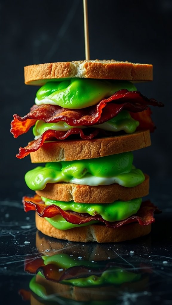 A colorful and whimsical breakfast sandwich featuring pancakes, bacon, and vibrant green goo, topped with a bat.
