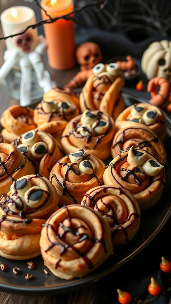 A tray of Psycho Cinnamon Rolls with dark chocolate drizzle, colorful drinks, and a chaotic background.