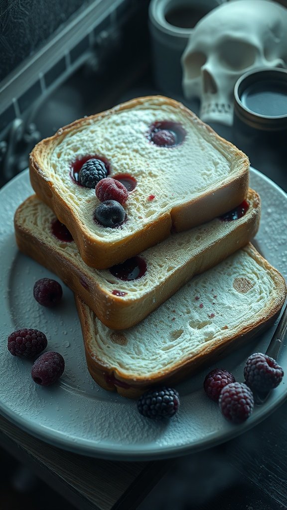 A plate of Phantom French Toast topped with whipped cream, blackberries, and colorful fruit sauce, set in a spooky environment.