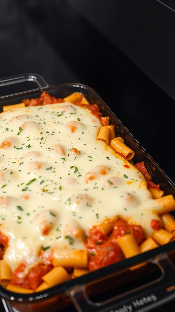 A cozy dining scene featuring baked ziti with cheese, candlelight, and a view of Gotham's skyline.
