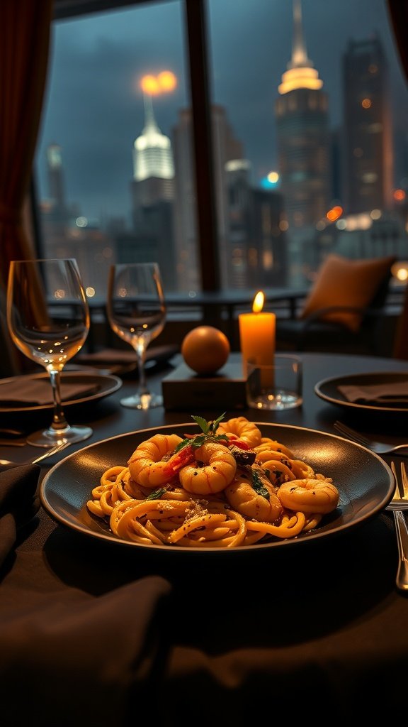 A plate of shrimp scampi linguine elegantly presented with a city skyline in the background.