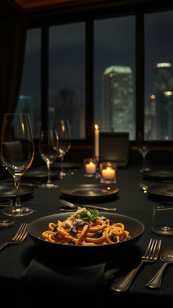 A beautifully plated wild mushroom and truffle oil pasta dish on a dark table with candlelight and city skyline in the background.