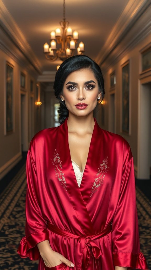 A woman in a crimson robe standing in a beautifully lit corridor with chandeliers.