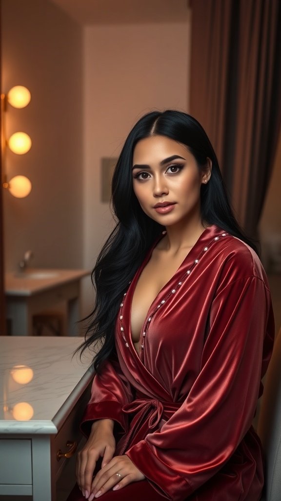 A woman in a deep red velvet robe with pearl accents, sitting at a vanity.