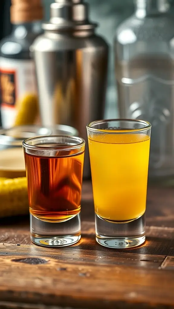 Two shot glasses, one with whiskey and one with pickle juice, on a wooden surface.