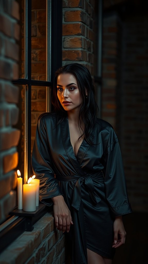 A woman in a charcoal sleepwear robe stands by a window with candles, creating a warm and elegant atmosphere.