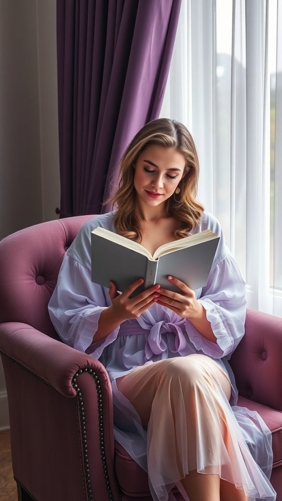 A woman reading a book in a lavender robe, sitting in a plush chair by a window with sheer curtains.