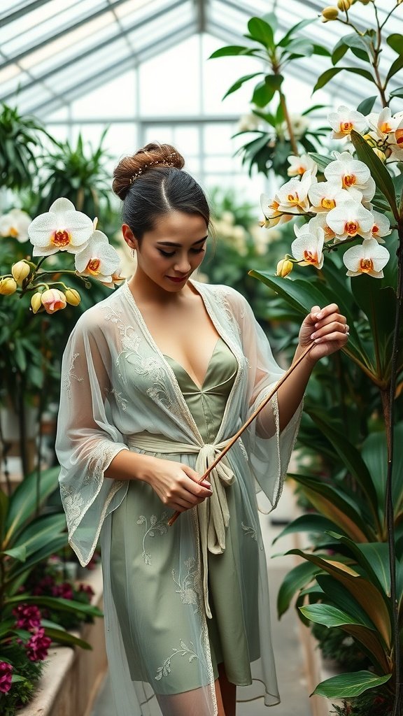 A woman in a light green robe stands in a glass garden surrounded by orchids.