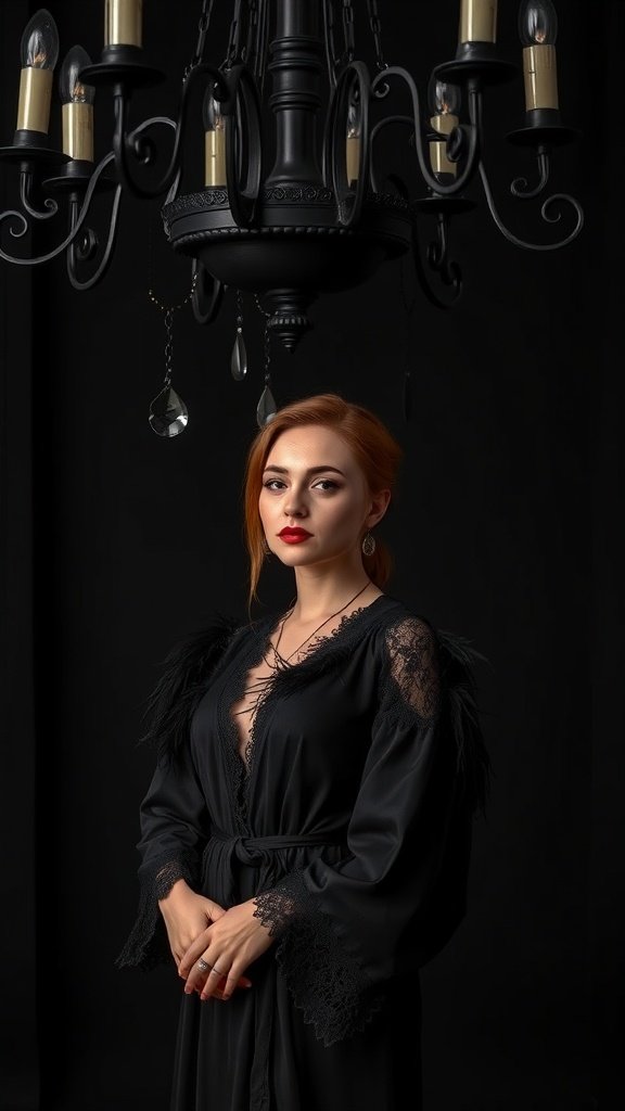 A model wearing a darkly elegant sleepwear robe with lace and feather details, standing under a chandelier.