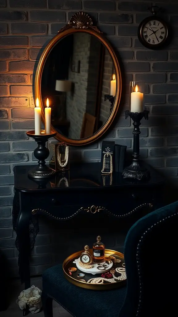 A stylish vanity setup featuring a gold-framed mirror, candles, jewelry, and a vintage clock against a brick wall.