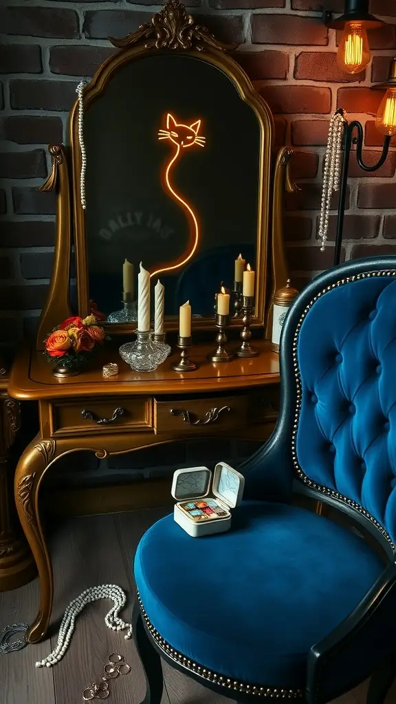 A stylish vanity setup featuring a gold mirror with a cat design, a blue chair, candles, and jewelry.