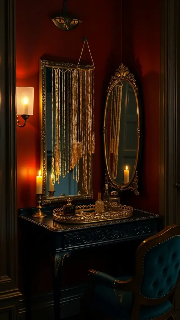 A stylish vanity corner with a dark red wall, elegant mirrors, pearl strands, and candlelight.