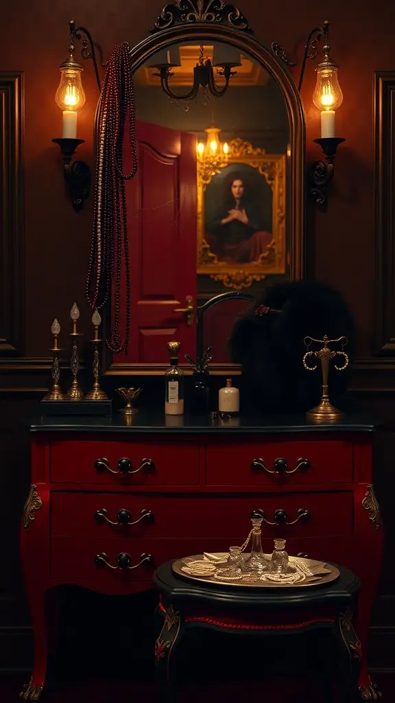 A stylish vanity setup featuring a bold red dresser, elegant mirror, and warm lighting, embodying Gotham Glam style.