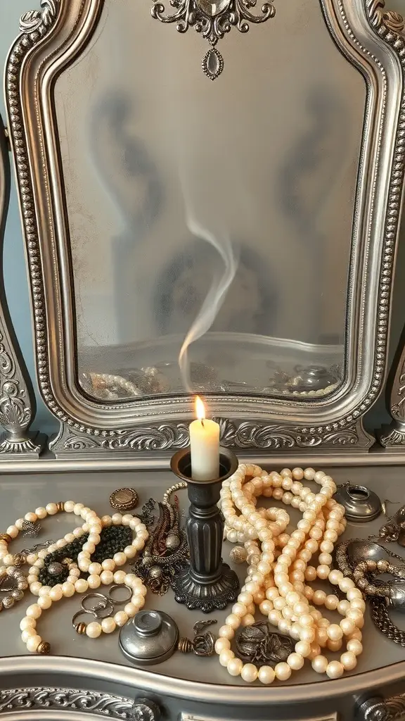 A luxurious vanity setup featuring a gold-framed mirror, pearls, jewelry, and candles, creating an elegant and moody atmosphere.
