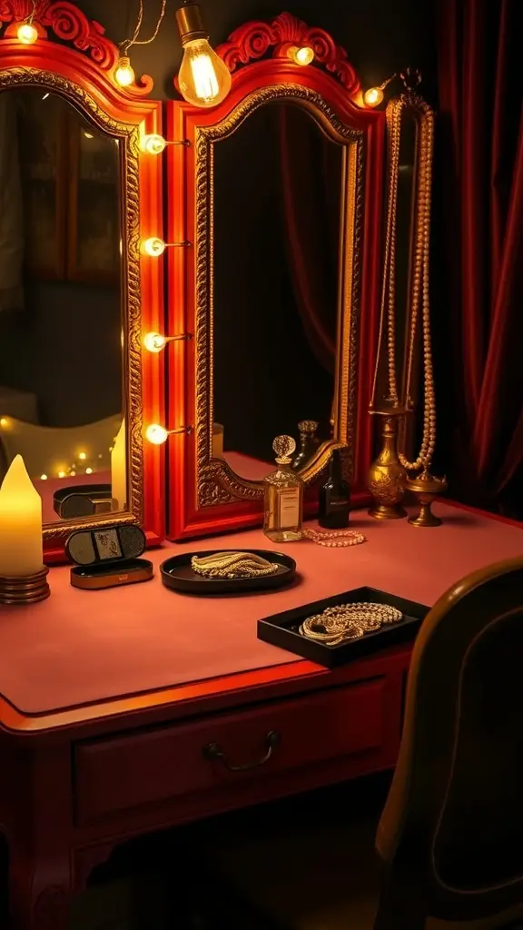 A glamorous vanity setup featuring a red ornate mirror, warm lighting, and elegant accessories.