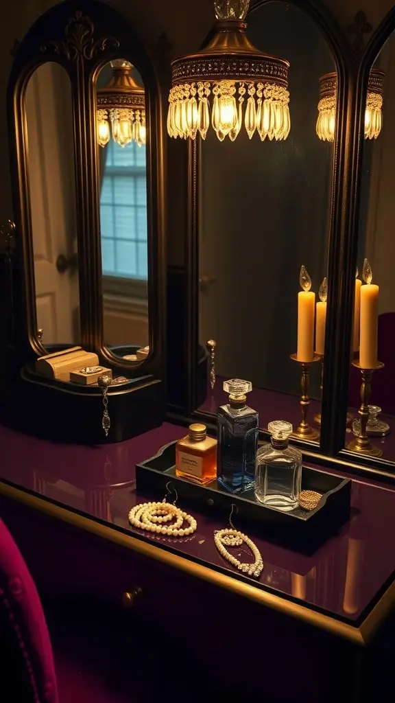 Elegant vanity setup with mirrors, chandelier, candles, and jewelry