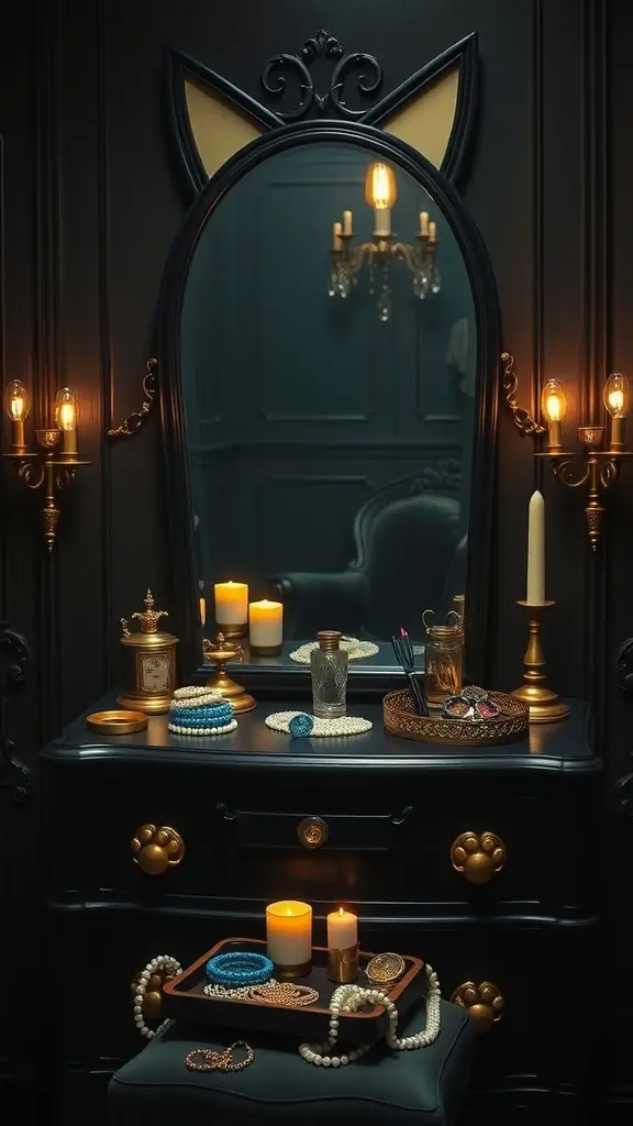 A stylish vanity setup featuring a cat-eared mirror, candles, and elegant jewelry.