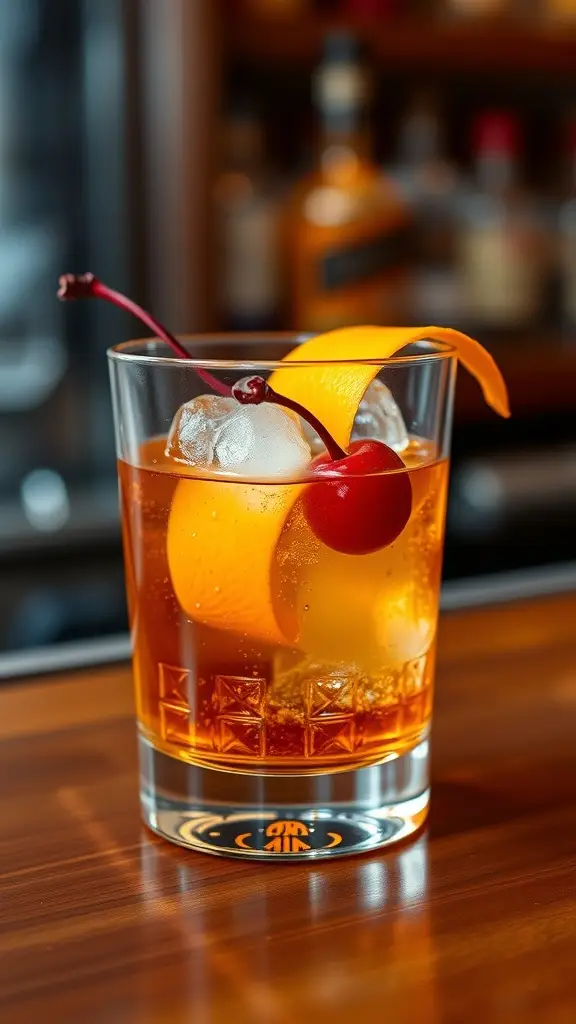 A Pickle-Infused Old Fashioned cocktail garnished with an orange slice and cherry
