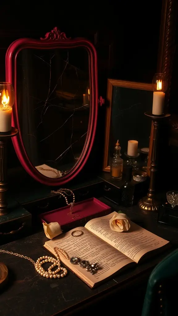 A vintage vanity setup featuring a pink mirror, candles, jewelry, and an open book.