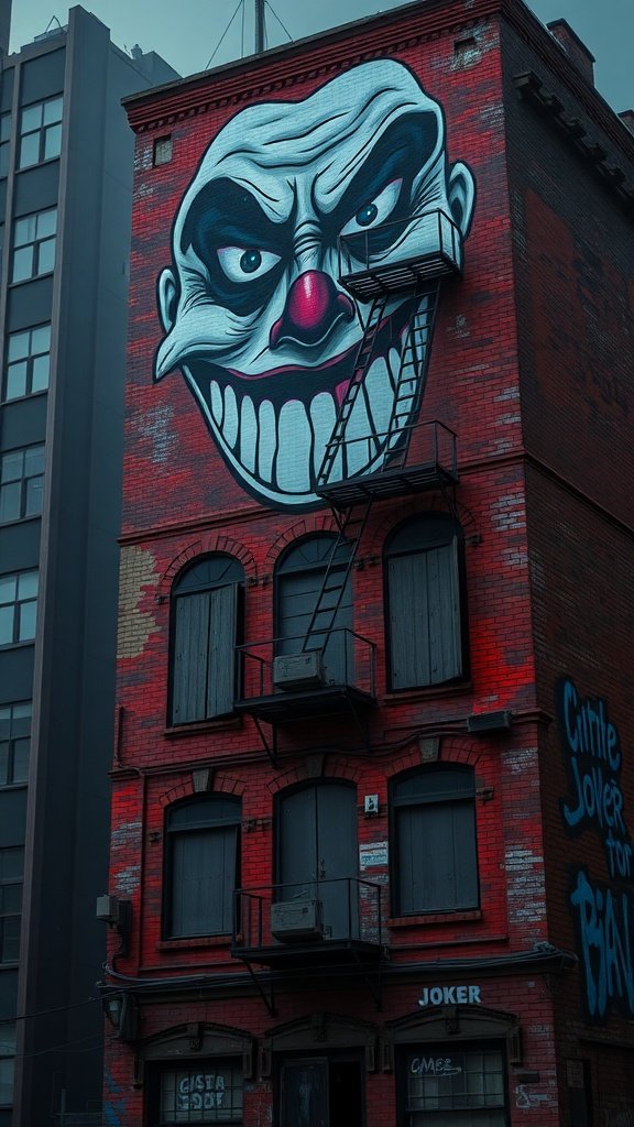 A large mural of the Joker's face on a brick wall, featuring a mischievous grin and exaggerated features, set against a backdrop of urban decay.