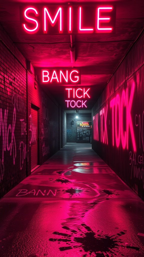 A neon-lit corridor with graffiti and bright pink lights, featuring words like 'SMILE,' 'BANG,' and 'TICK TOCK.'