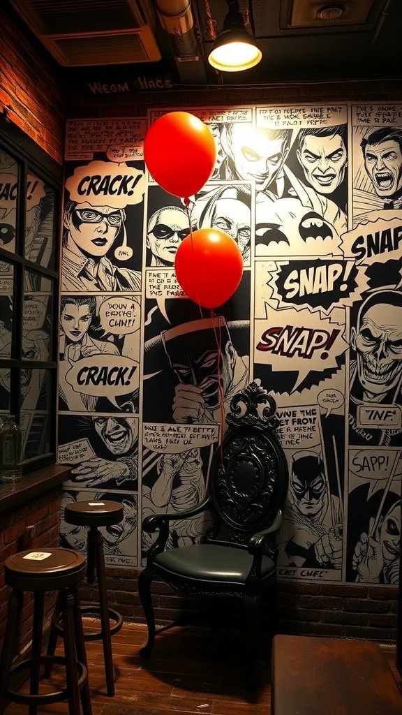 A feature wall with comic-style graphics from Gotham City, showcasing characters and phrases like 'CRACK!' and 'SNAP!', with red balloons and a vintage chair.