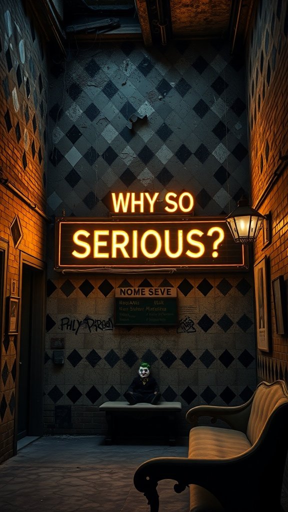 A dimly lit alley with a flickering neon sign that says 'WHY SO SERIOUS?', featuring crumbling bricks and graffiti.