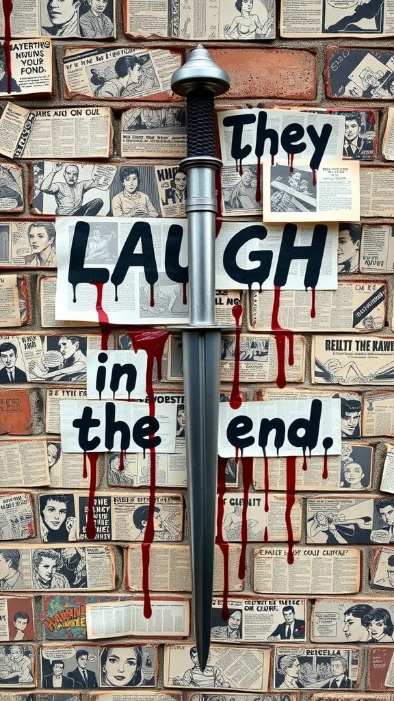 A wall collage featuring bold black graffiti text and a spear, evoking the chaotic spirit of Gotham City.