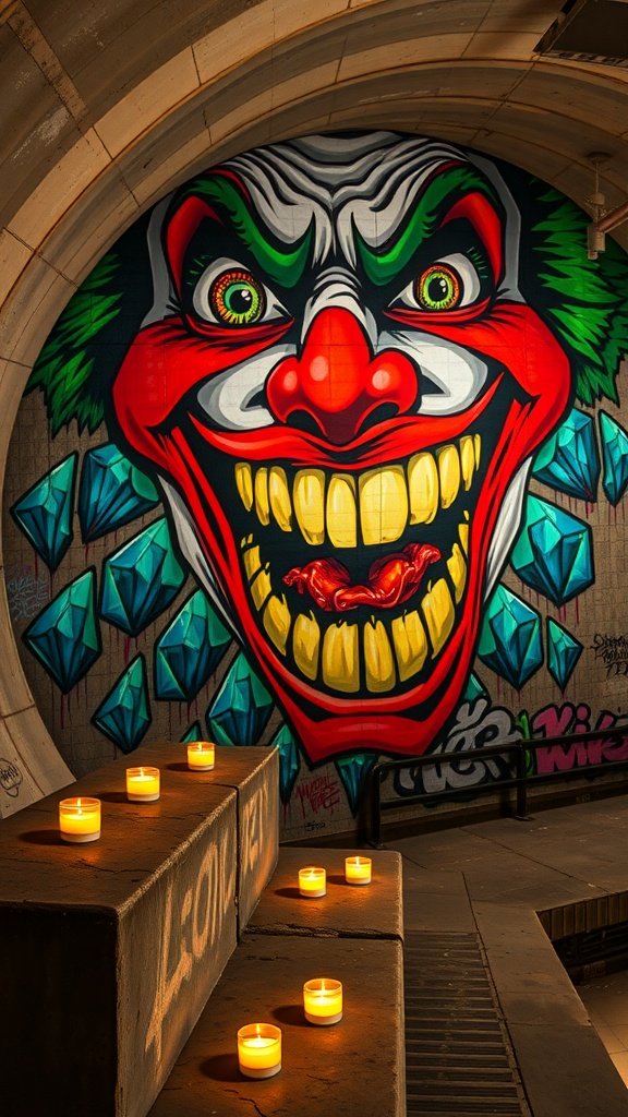 A dimly lit stairwell with graffiti of a clown face and symbols, surrounded by candles.