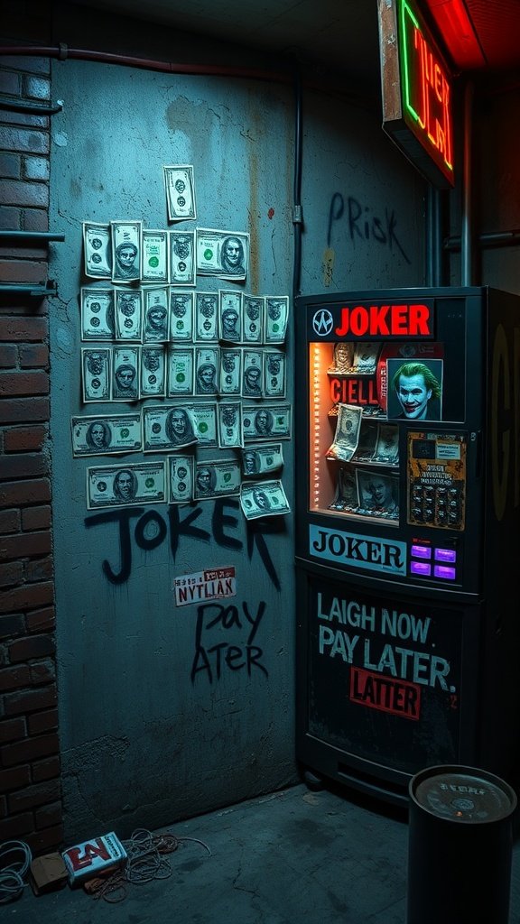 Collaged poster wall featuring faux money and graffiti inspired by the Joker from Gotham City.
