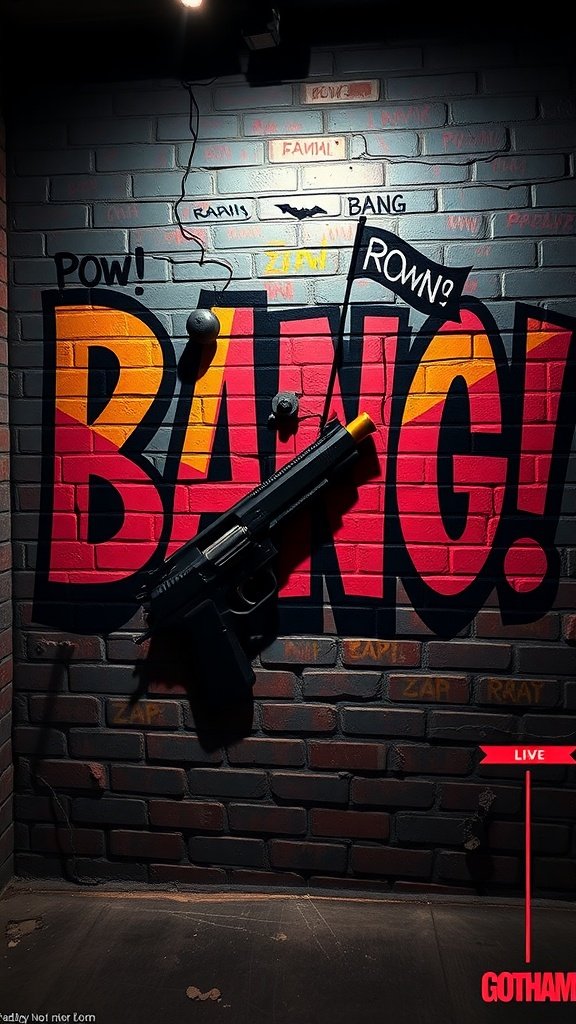 A mural featuring the word 'BANG!' in bold colors, with onomatopoeic words and a faux weapon, inspired by Gotham City.