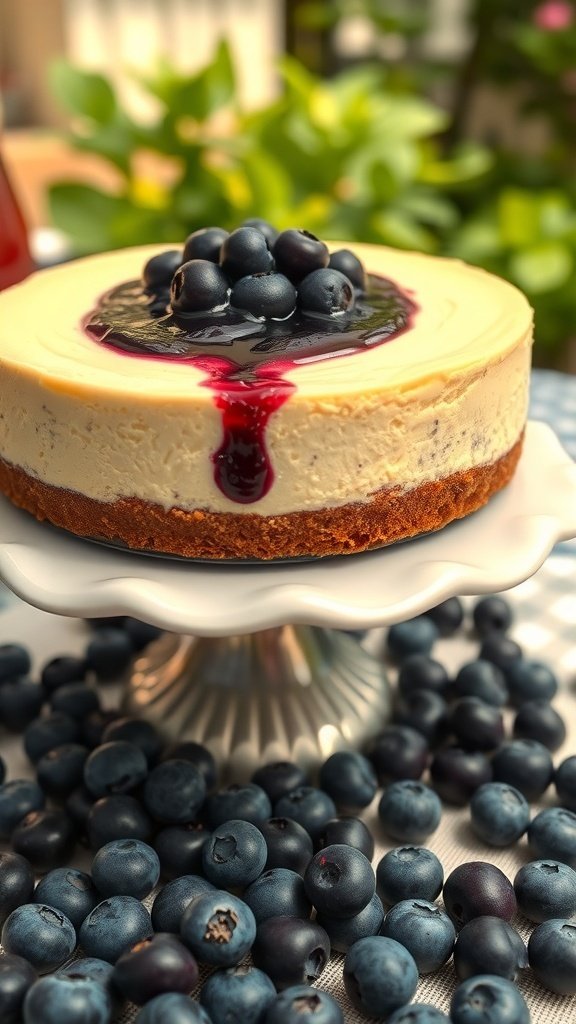 A classic blueberry cheesecake topped with fresh blueberries and a berry sauce, surrounded by blueberries.
