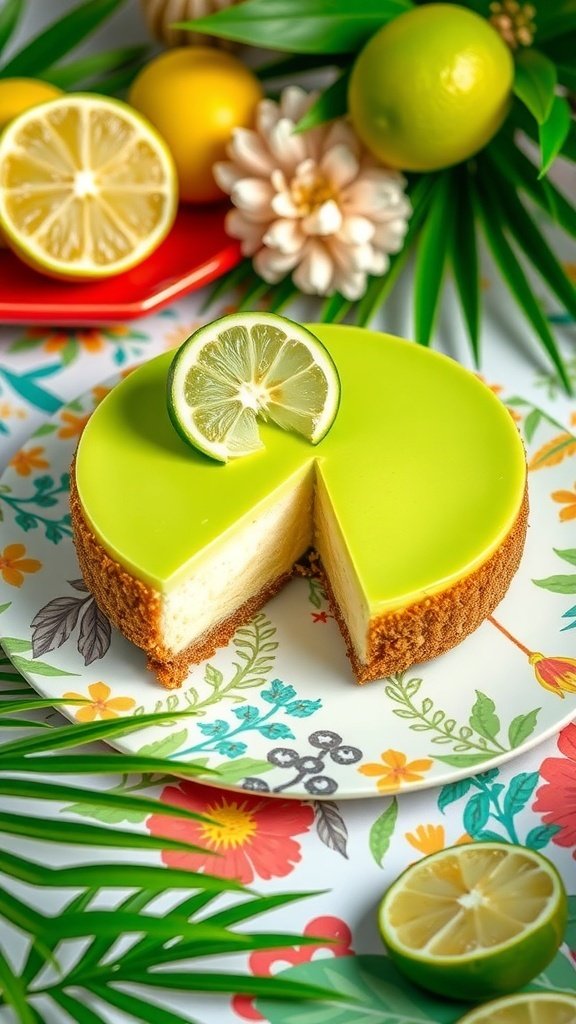 A zesty key lime cheesecake with a vibrant green topping, garnished with lime slices, surrounded by tropical decor.