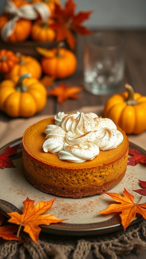 A delicious pumpkin cheesecake topped with whipped cream, surrounded by autumn decorations.