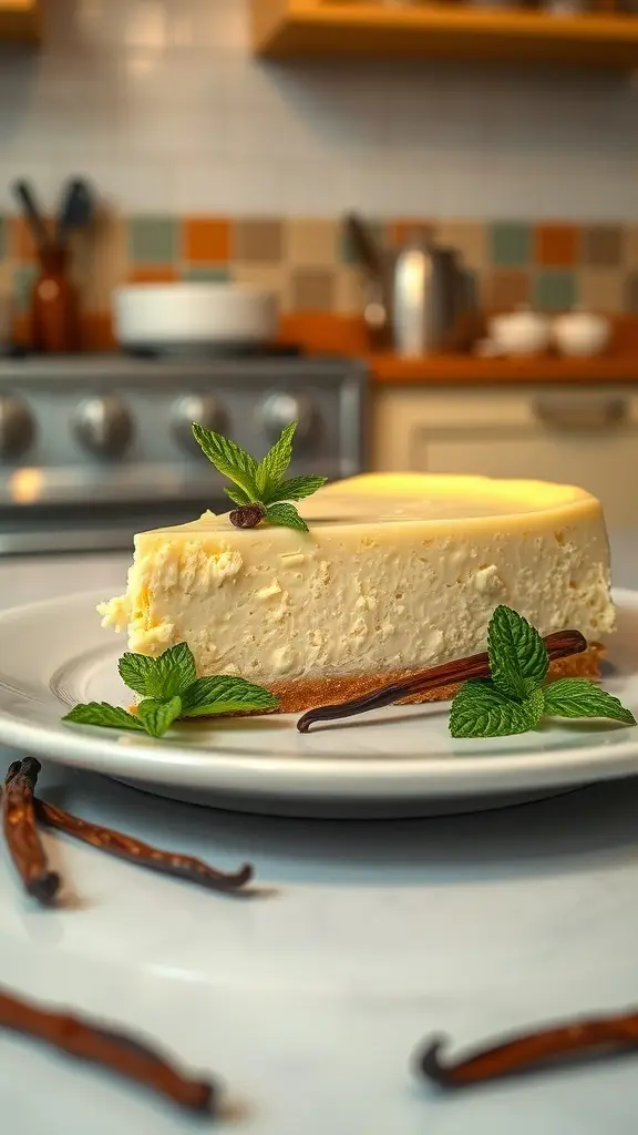 A slice of classic vanilla cheesecake garnished with mint leaves and vanilla pods.
