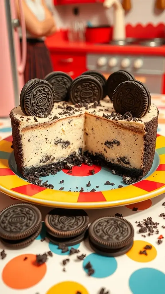 A delicious Oreo cheesecake with a crunchy crust, topped with whole Oreos, on a colorful plate.