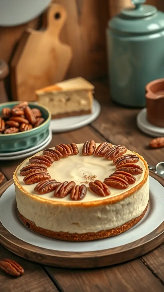 Nutty Pecan Cheesecake with pecans on top, sitting on a wooden table.