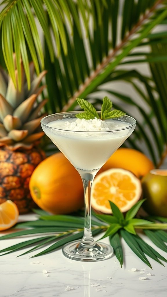 Coconut Mojito Martini with tropical fruits in the background
