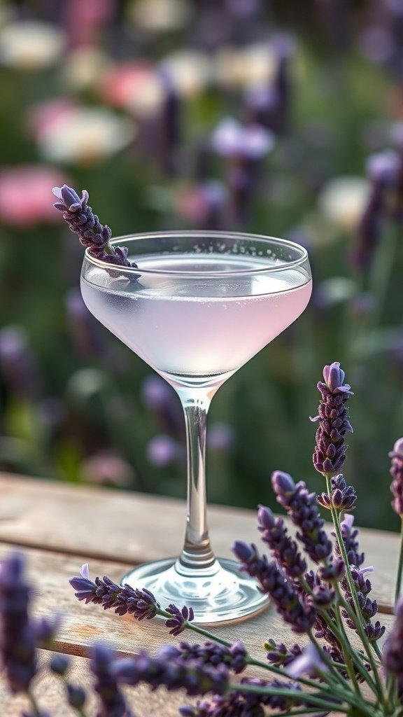 A lavender martini garnished with a sprig of lavender, surrounded by blooming lavender flowers.