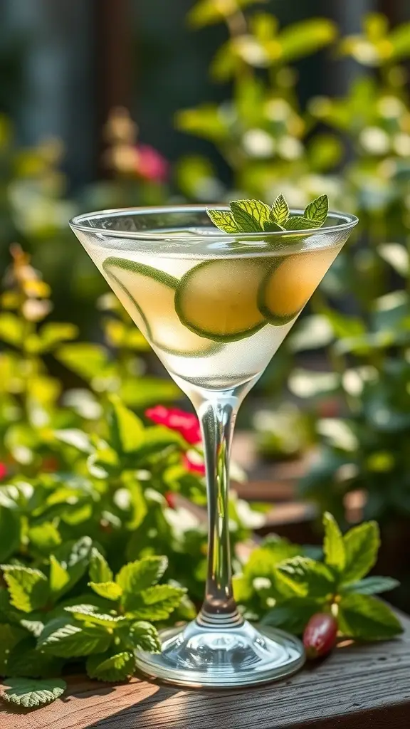 A refreshing cucumber mint martini garnished with cucumber slices and mint leaves, set against a backdrop of lush greenery.