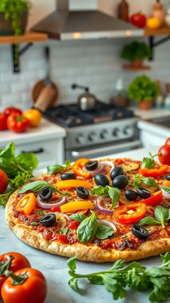 A colorful garden vegetable pizza topped with bell peppers, olives, onions, and fresh basil.