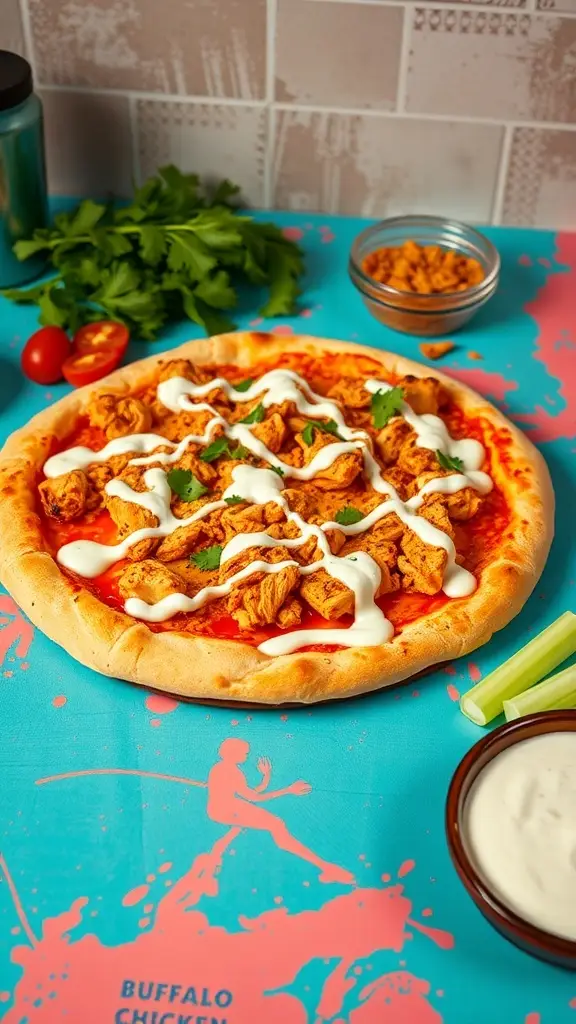 Buffalo Chicken Pizza with ranch dressing and cilantro on a colorful table
