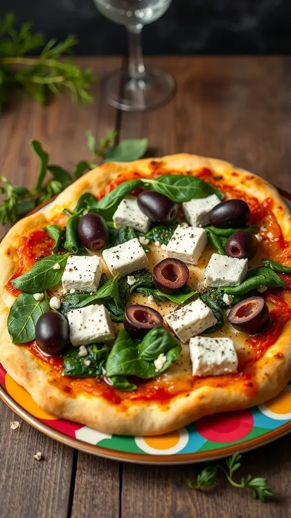 A delicious Greek pizza topped with spinach, feta cheese, and olives on a colorful plate.