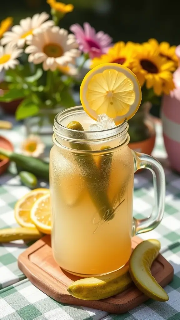A refreshing mason jar of pickle lemonade garnished with lemon slices and pickles, surrounded by flowers.