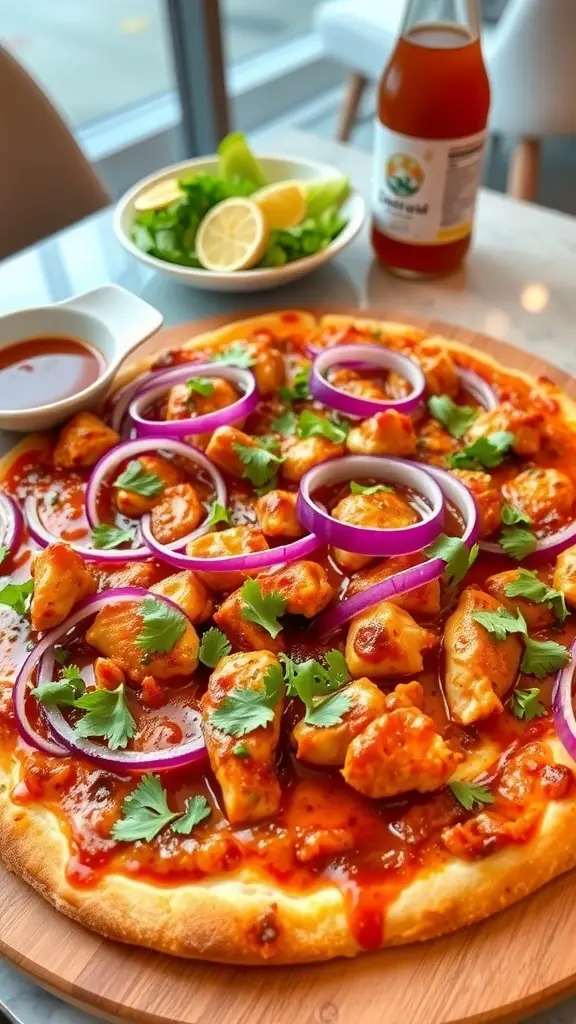 BBQ chicken pizza with red onions and cilantro on a marble table next to a Coca-Cola bottle.