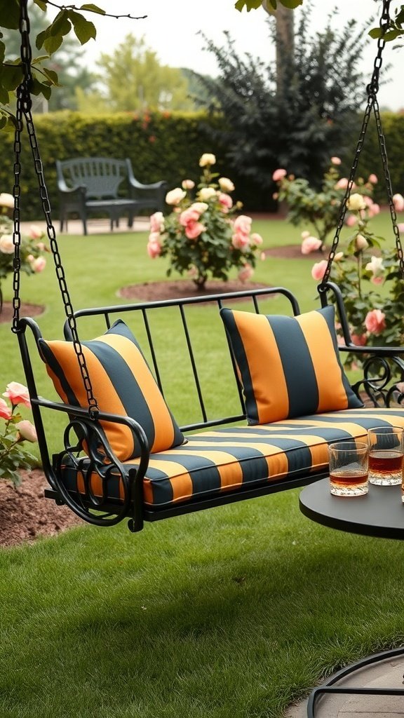 A stylish porch swing with orange and navy striped cushions, surrounded by a garden.