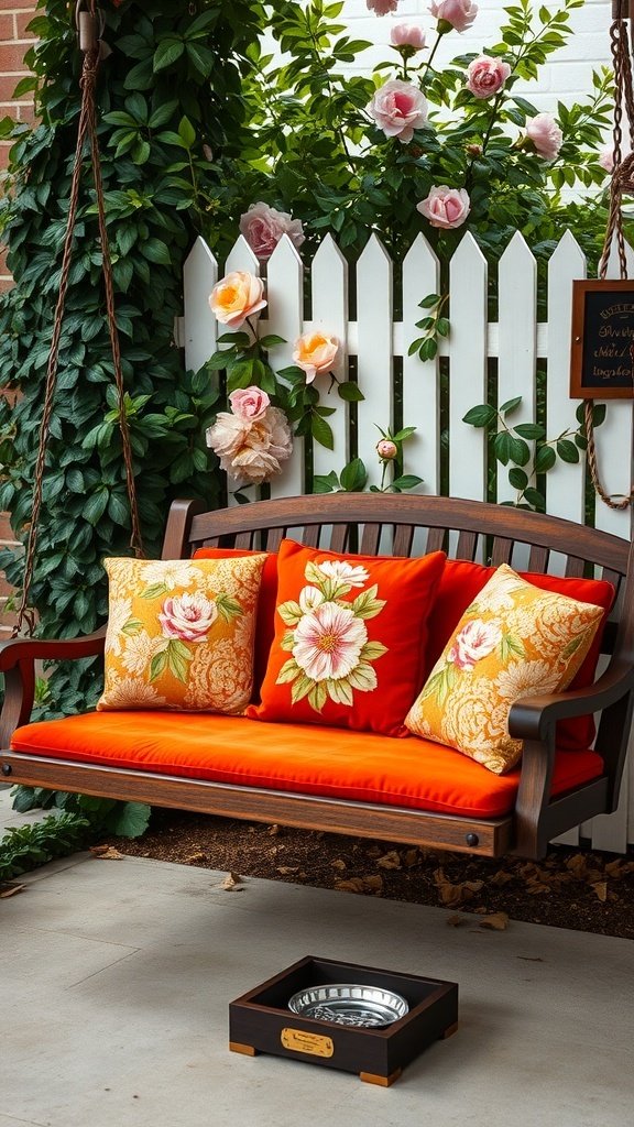 A cozy porch swing with floral cushions surrounded by greenery and flowers.