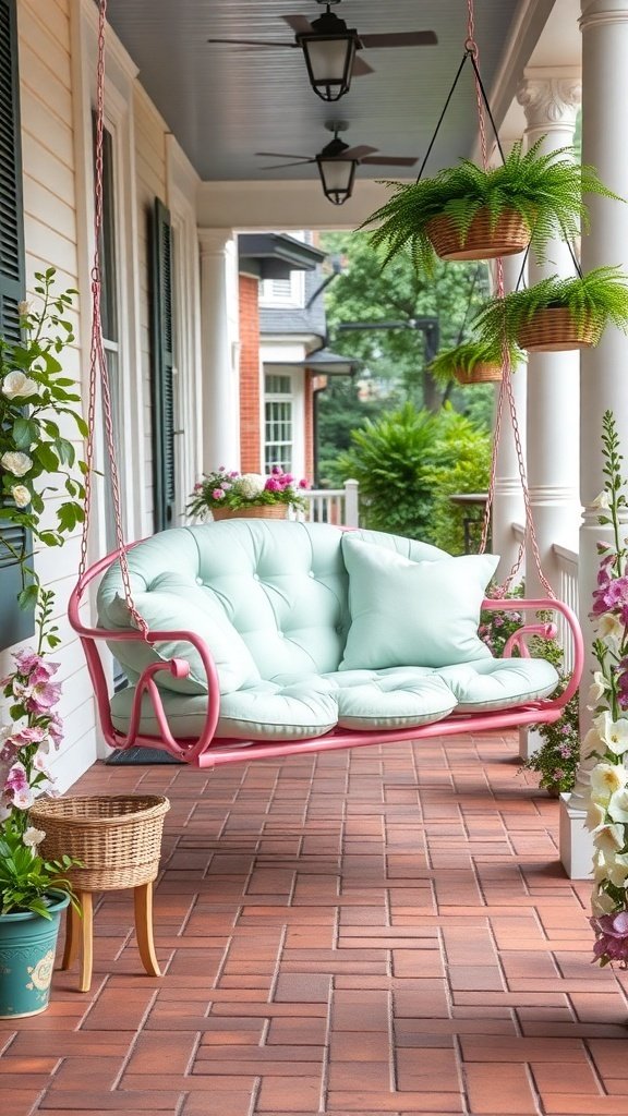A bubblegum pink porch swing with soft cushions, surrounded by plants and flowers on a porch.